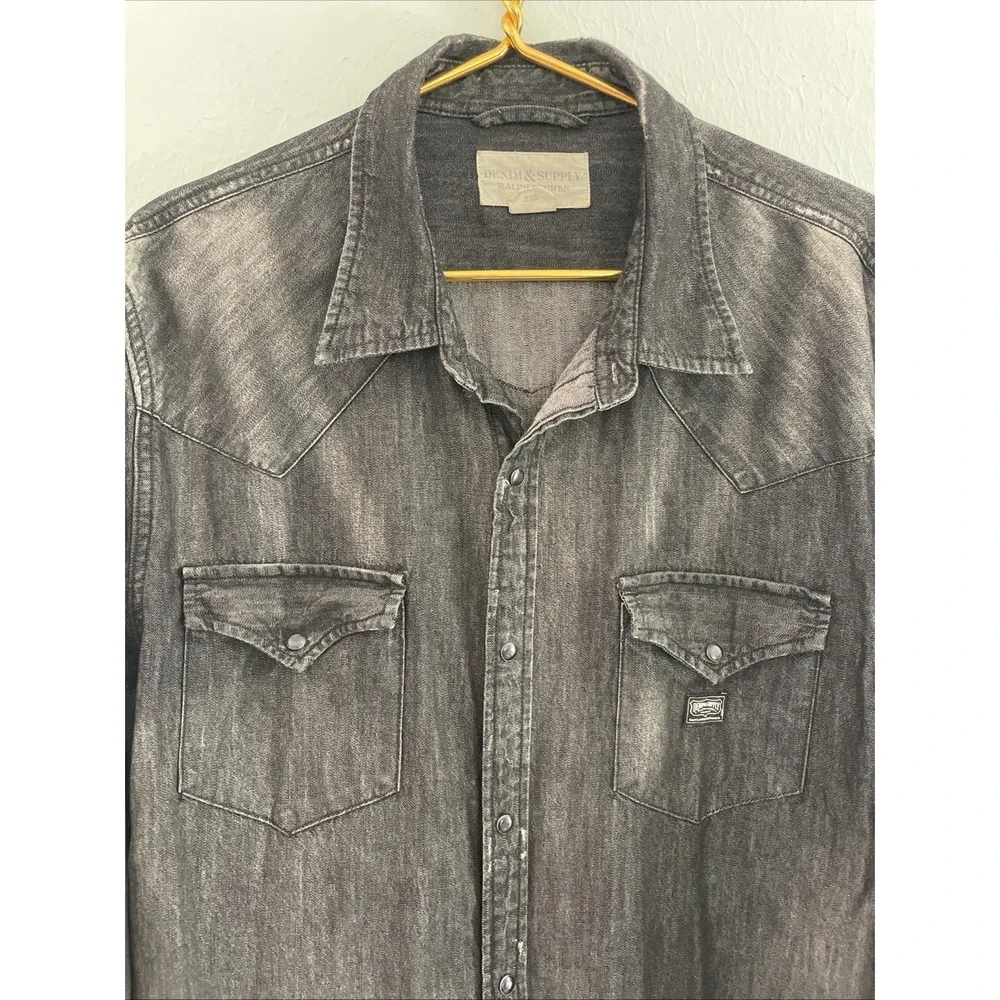 POLO Denim & Supply Distressed 100% Cotton Black Denim Western Snap Shirt XXL‎